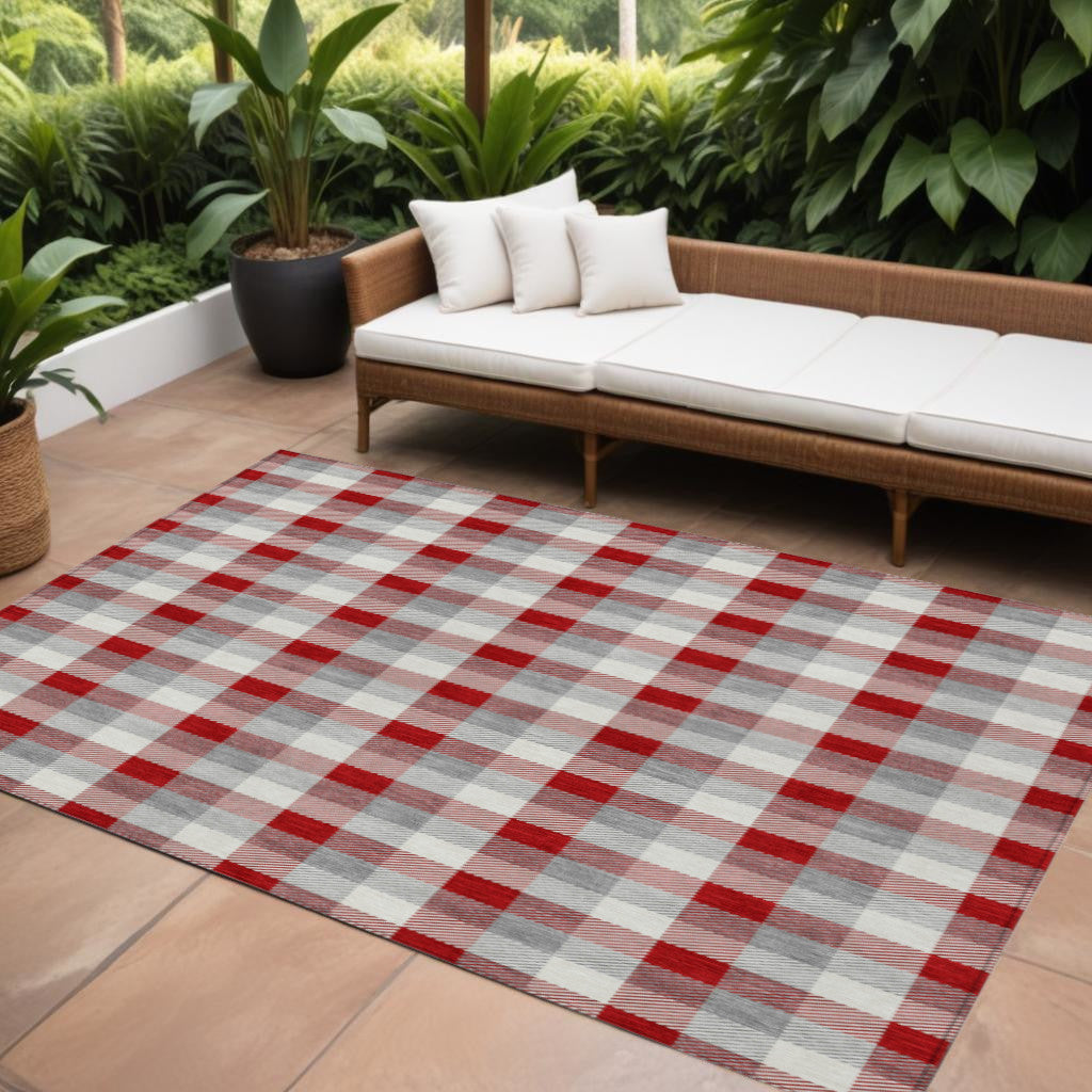 9 X 12 Red Gray And Beige Plaid Washable Indoor Outdoor Area Rug