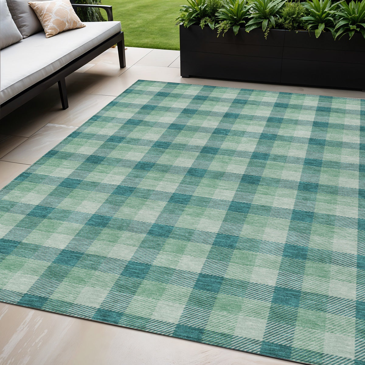 5 X 8 Blue And Green Plaid Washable Indoor Outdoor Area Rug
