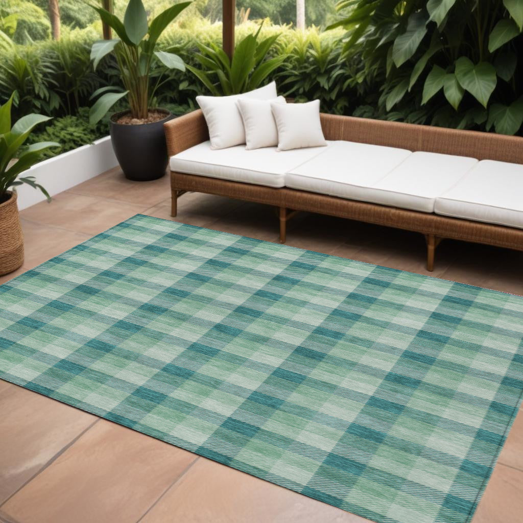 10 X 14 Blue And Green Plaid Washable Indoor Outdoor Area Rug