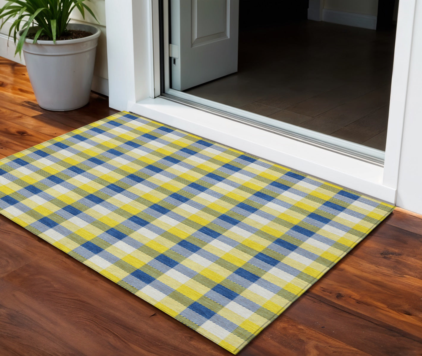 3 X 5 Yellow Blue And Beige Plaid Washable Indoor Outdoor Area Rug