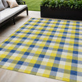 5 X 8 Yellow Blue And Beige Plaid Washable Indoor Outdoor Area Rug