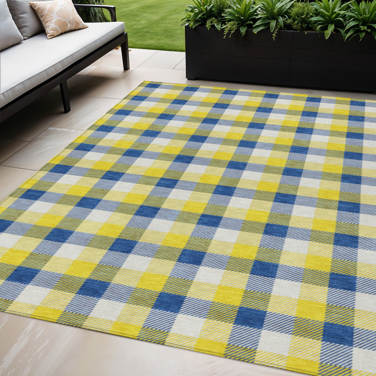 5 X 8 Yellow Blue And Beige Plaid Washable Indoor Outdoor Area Rug