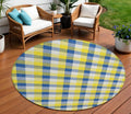 8 Yellow Blue And Beige Round Plaid Washable Indoor Outdoor Area Rug