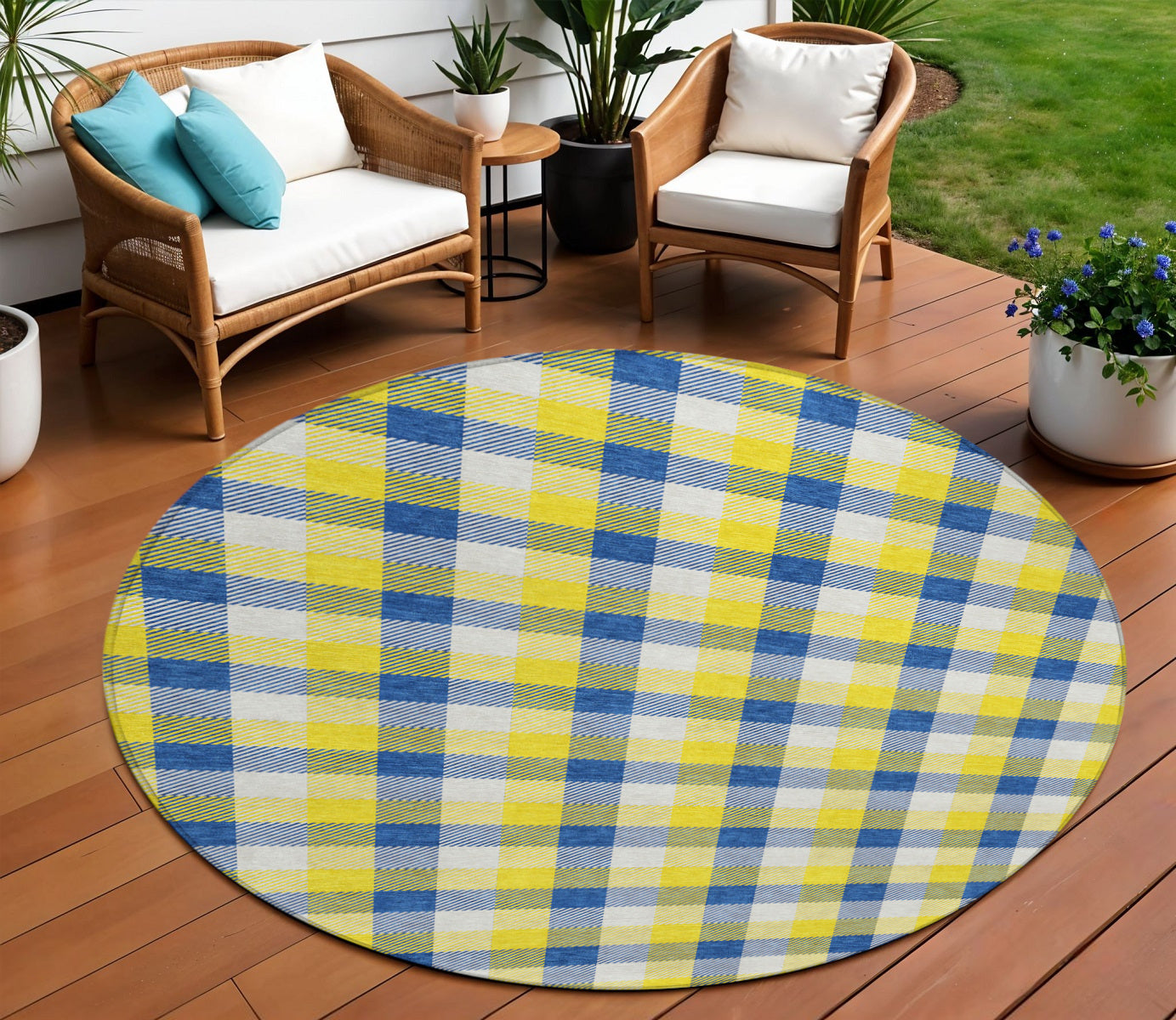 8 Yellow Blue And Beige Round Plaid Washable Indoor Outdoor Area Rug