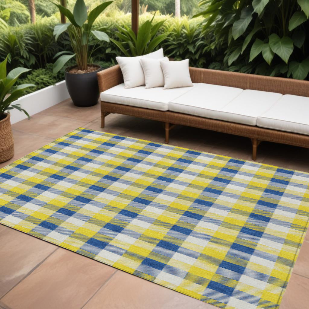 10 X 14 Yellow Blue And Beige Plaid Washable Indoor Outdoor Area Rug