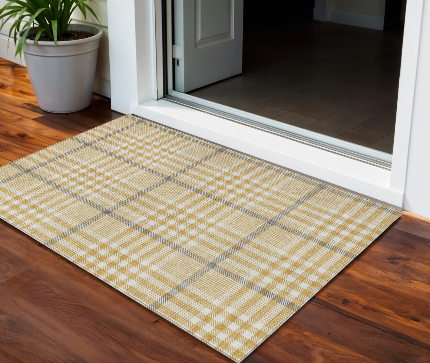 3 X 5 Gold Gray And Beige Plaid Washable Indoor Outdoor Area Rug