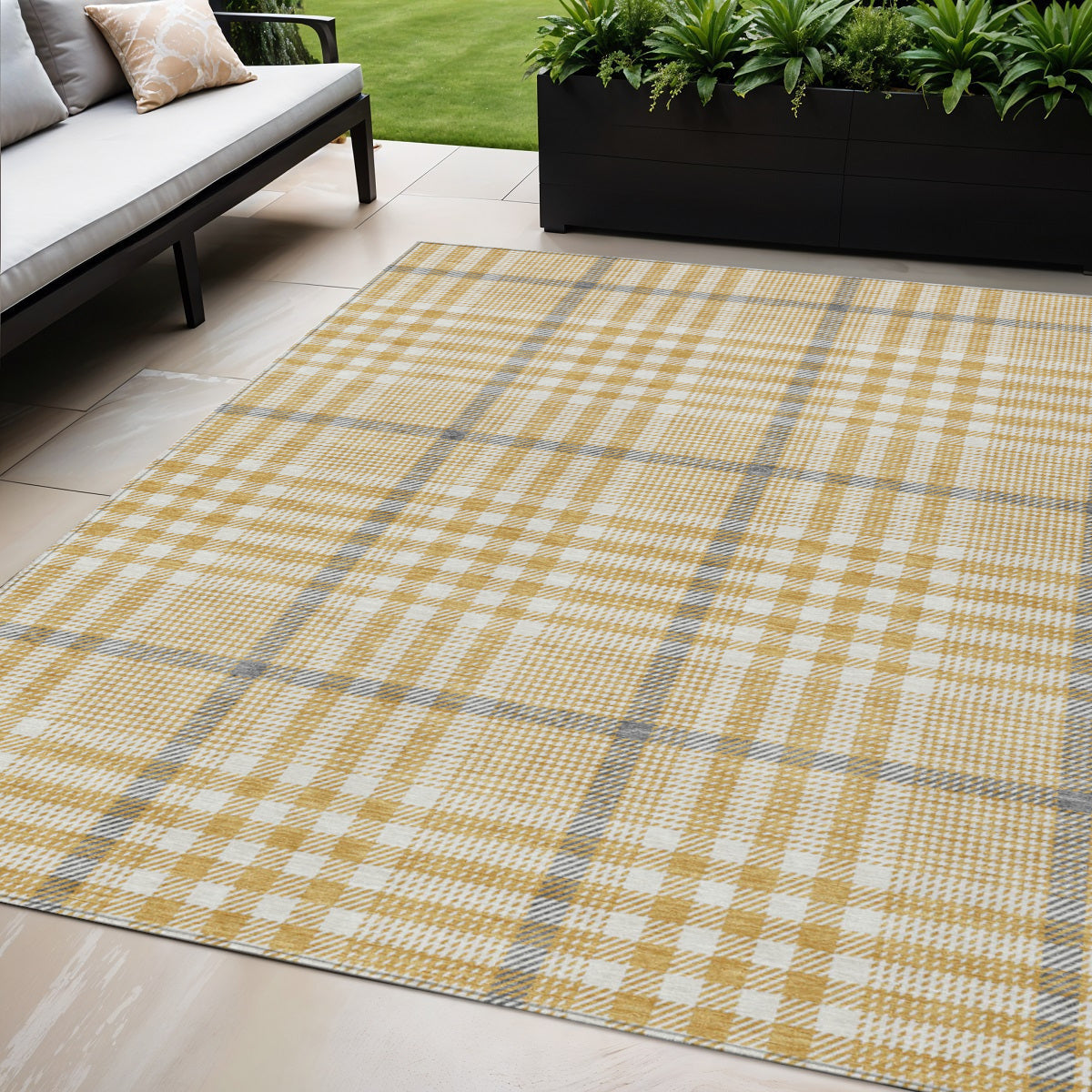 5 X 8 Gold Gray And Beige Plaid Washable Indoor Outdoor Area Rug