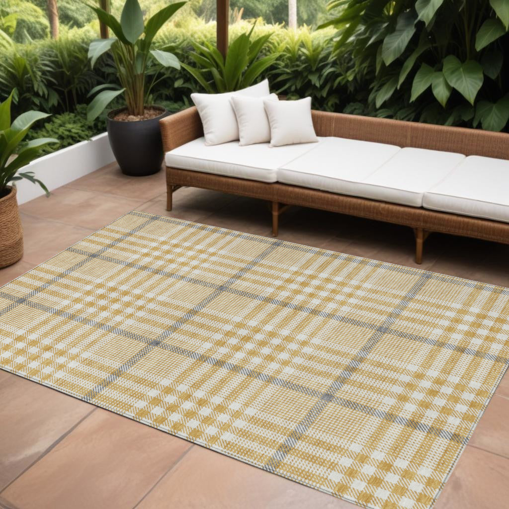 8 X 10 Gold Gray And Beige Plaid Washable Indoor Outdoor Area Rug