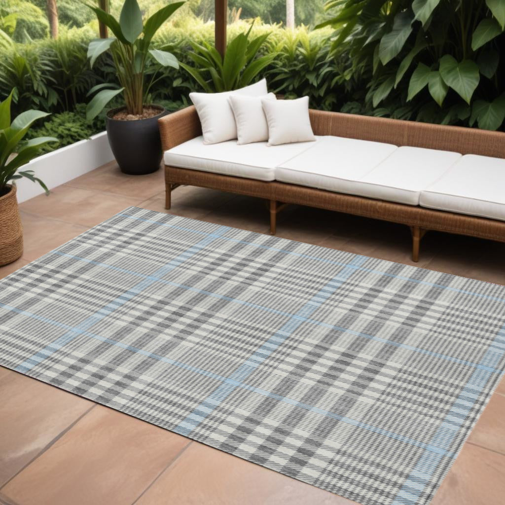 10 X 14 Gray Blue And Beige Plaid Washable Indoor Outdoor Area Rug