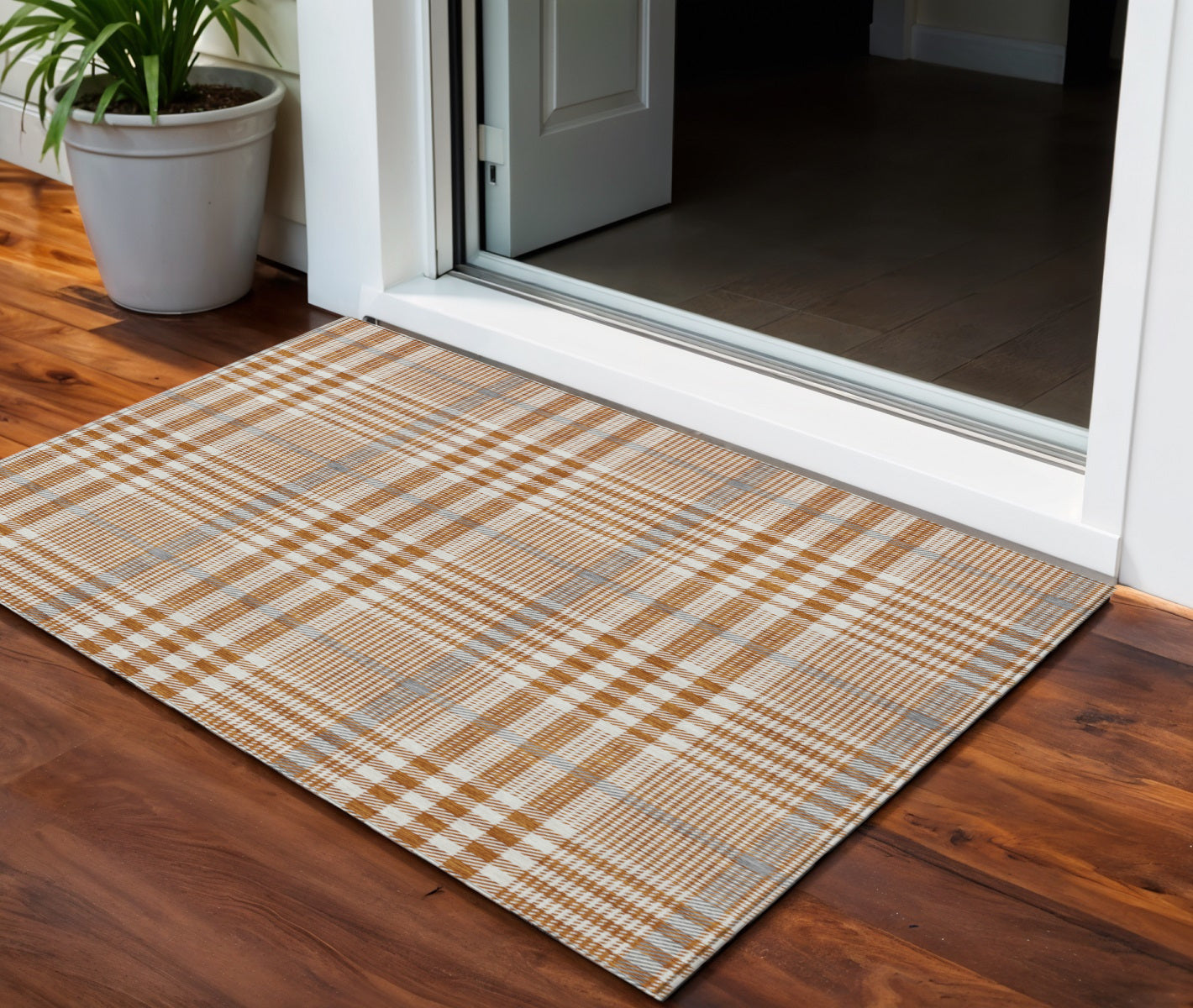 3 X 5 Brown Beige And Beige Plaid Washable Indoor Outdoor Area Rug