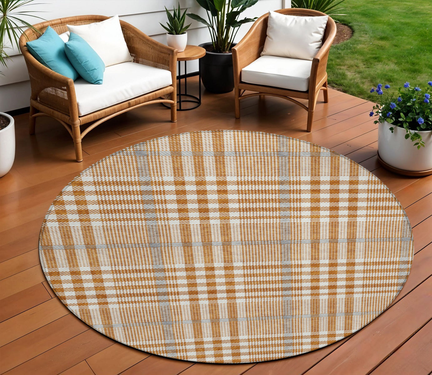 8 Brown Beige And Beige Round Plaid Washable Indoor Outdoor Area Rug