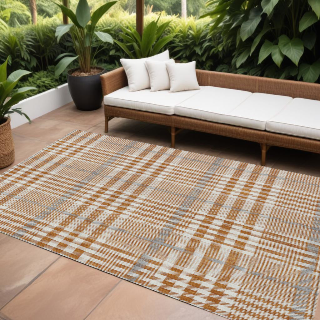 9 X 12 Brown Beige And Beige Plaid Washable Indoor Outdoor Area Rug