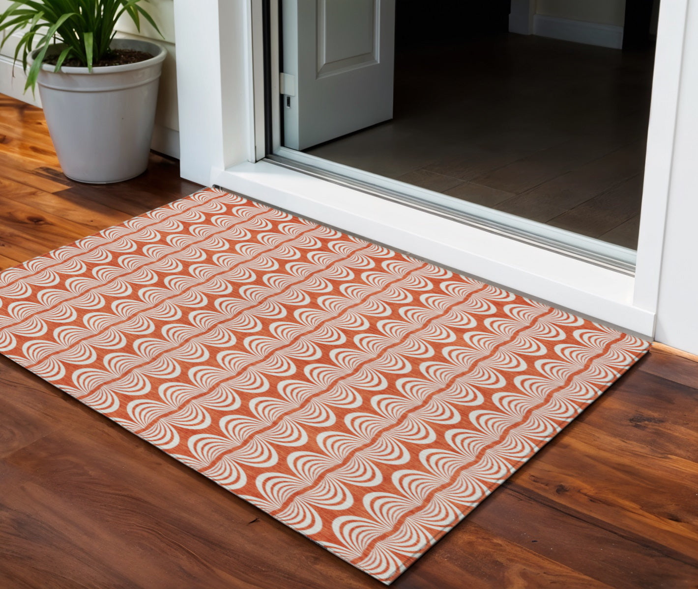3 X 5 Coral And Beige Ogee Washable Indoor Outdoor Area Rug