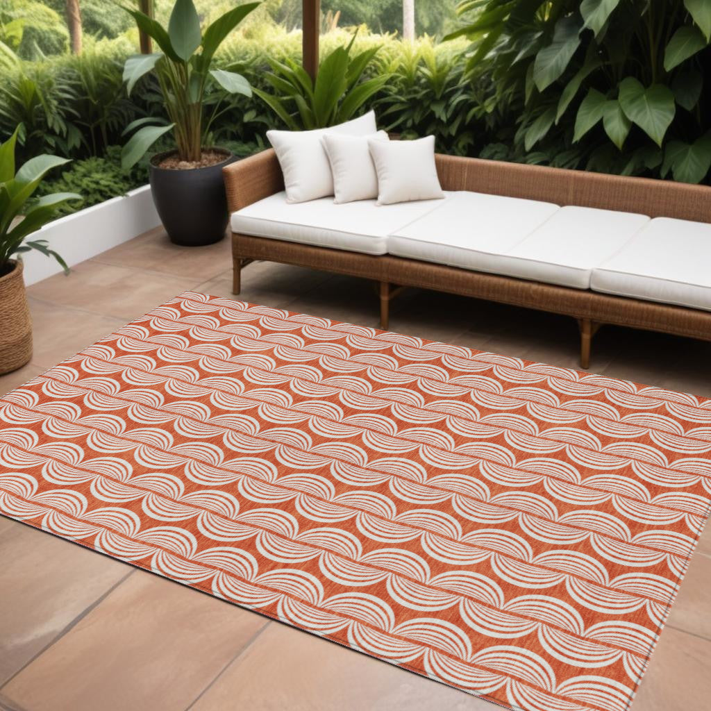 10 X 14 Coral And Beige Ogee Washable Indoor Outdoor Area Rug
