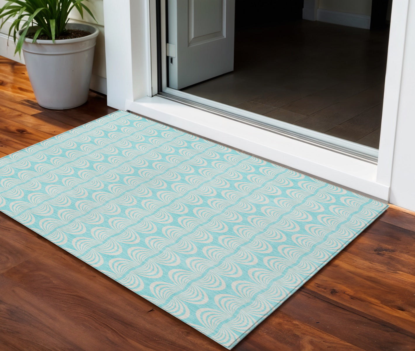 3 X 5 Aqua And Beige Ogee Washable Indoor Outdoor Area Rug
