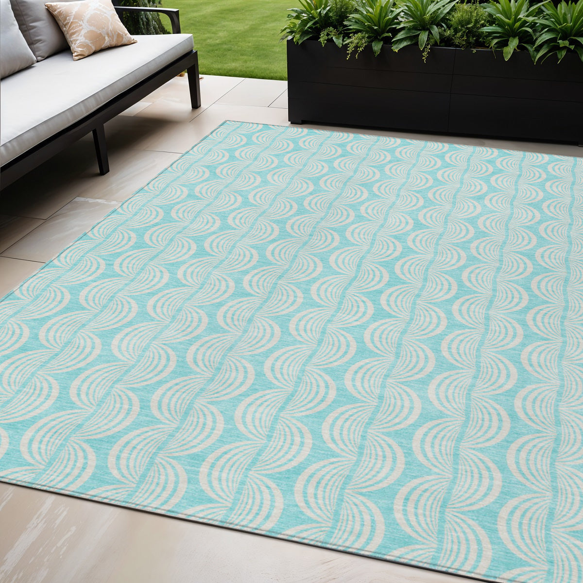 5 X 8 Aqua And Beige Ogee Washable Indoor Outdoor Area Rug