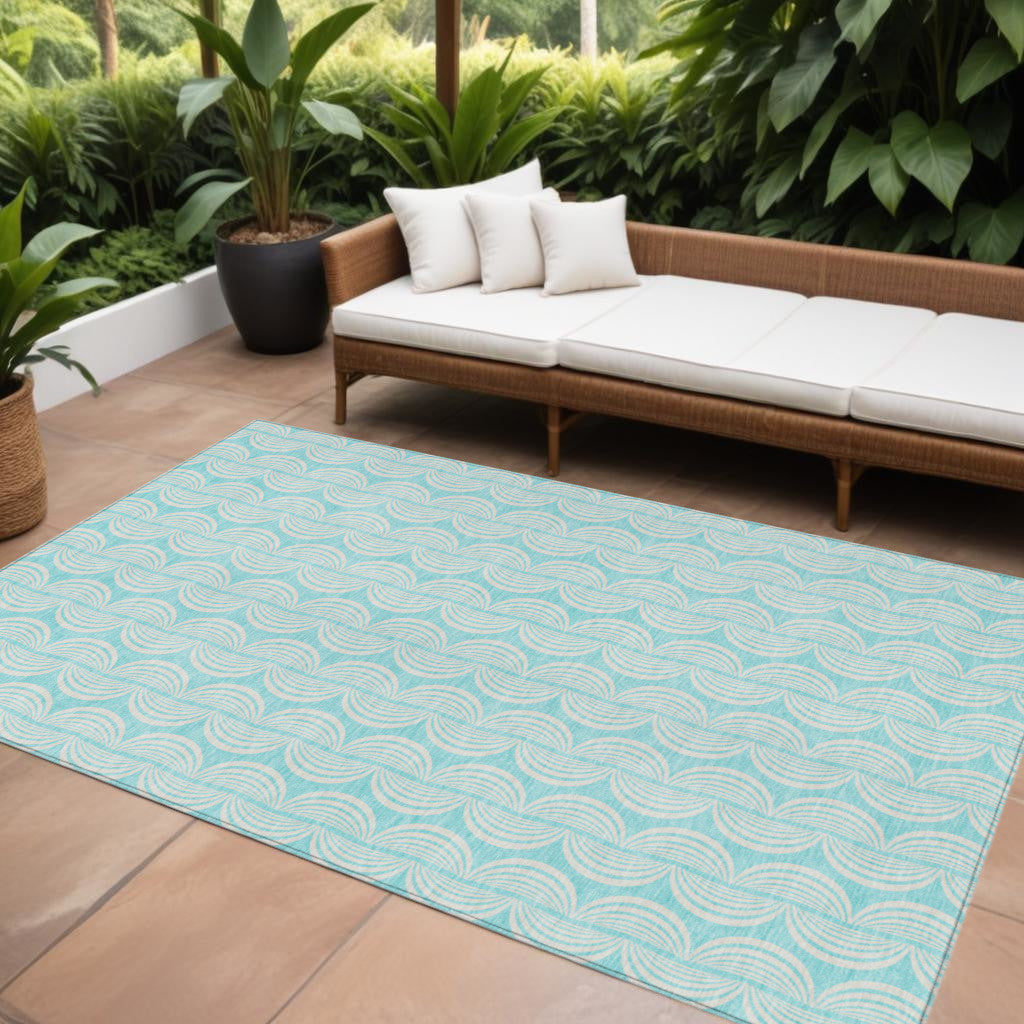 9 X 12 Aqua And Beige Ogee Washable Indoor Outdoor Area Rug
