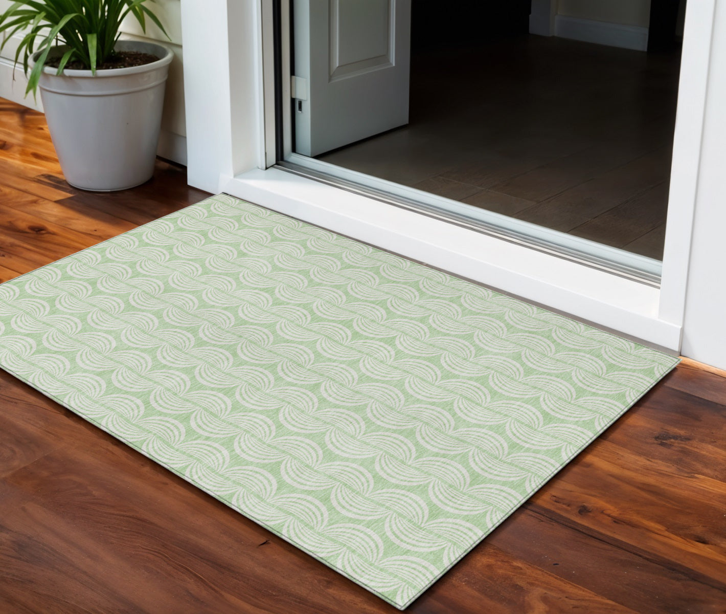 3 X 5 Mint Green And Beige Ogee Washable Indoor Outdoor Area Rug