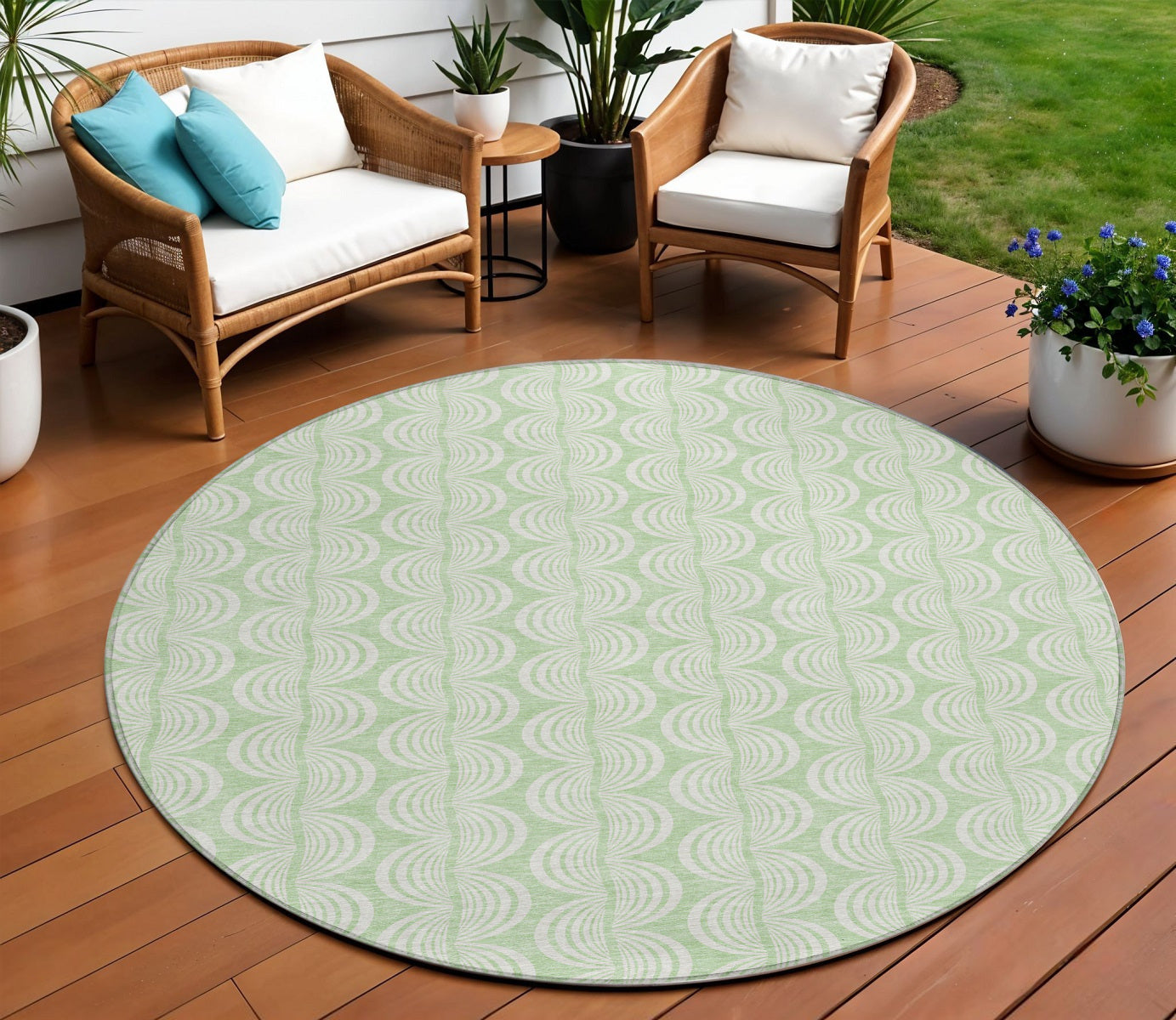 8 Mint Green And Beige Round Ogee Washable Indoor Outdoor Area Rug