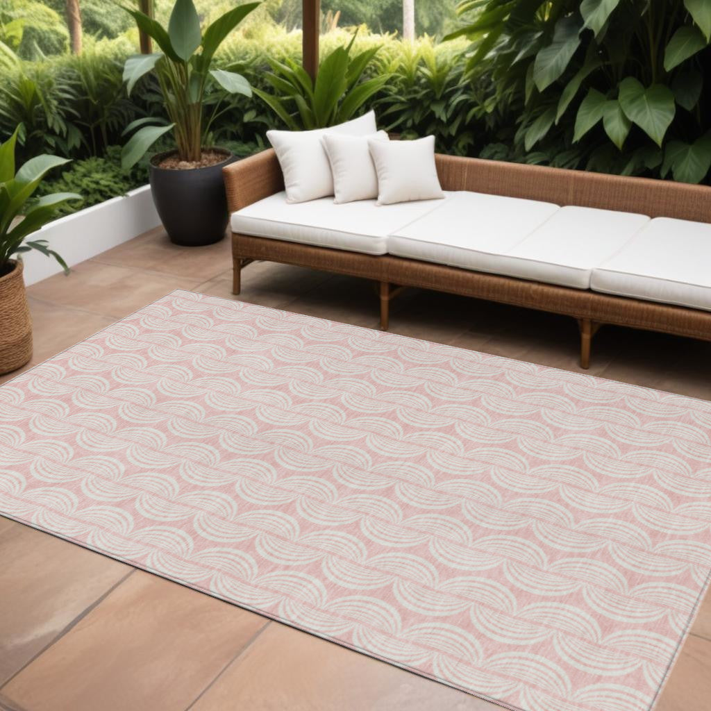 9 X 12 Pink And Gray Ogee Washable Indoor Outdoor Area Rug