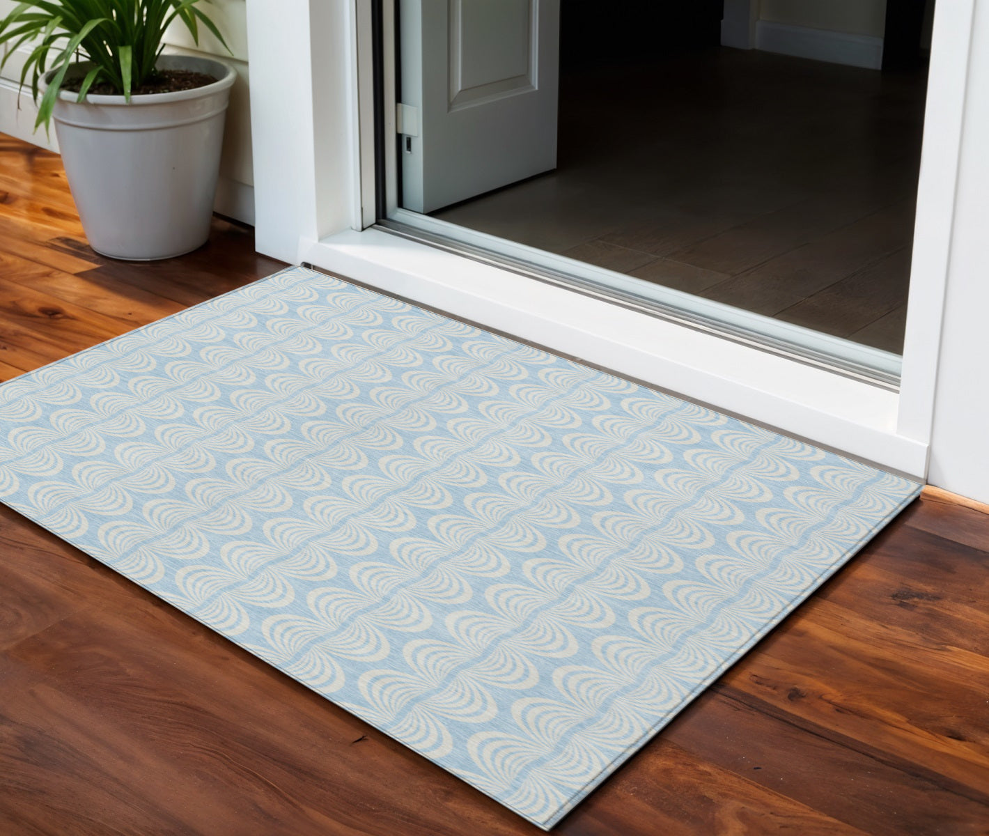 3 X 5 Sky Blue And Beige Ogee Washable Indoor Outdoor Area Rug