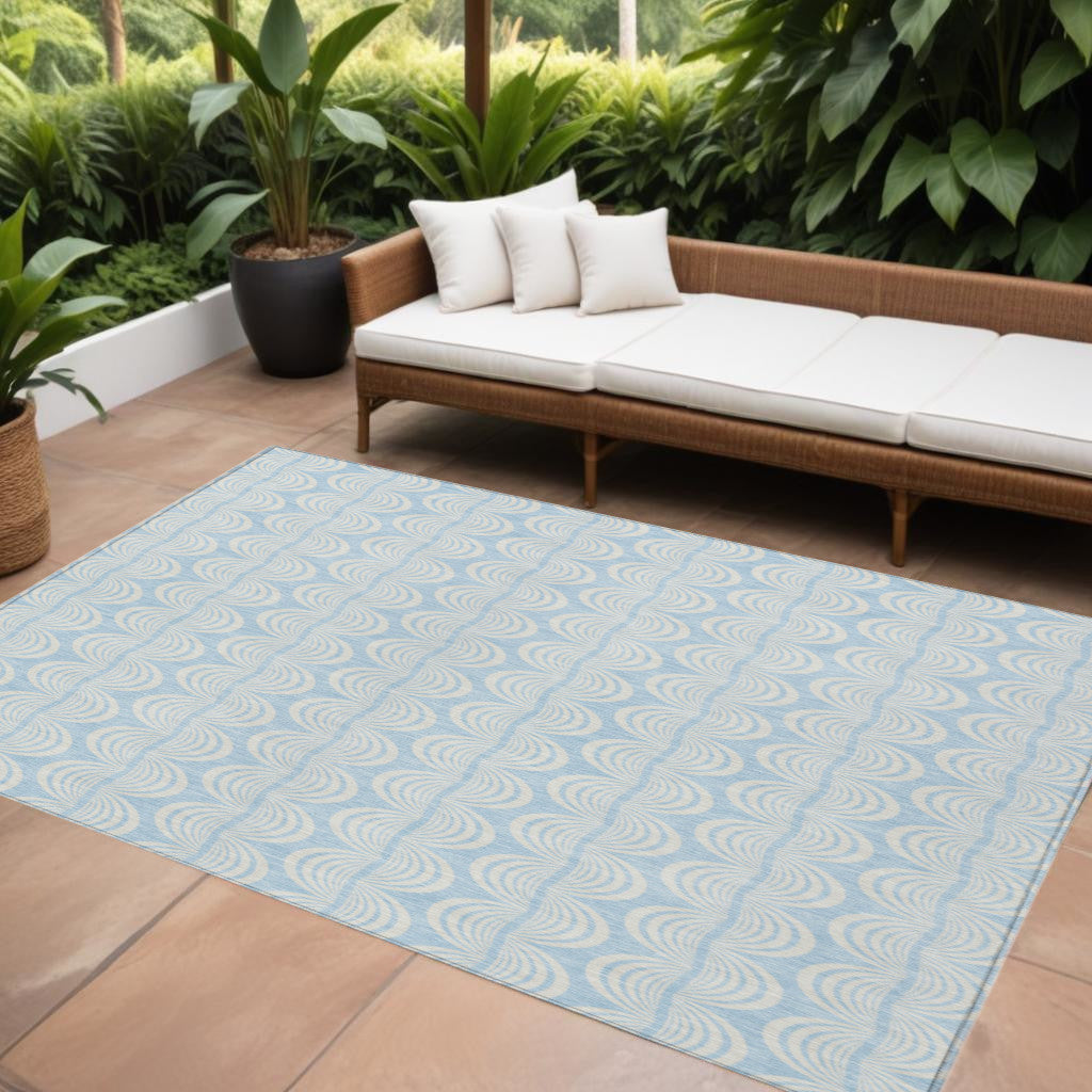 9 X 12 Sky Blue And Beige Ogee Washable Indoor Outdoor Area Rug