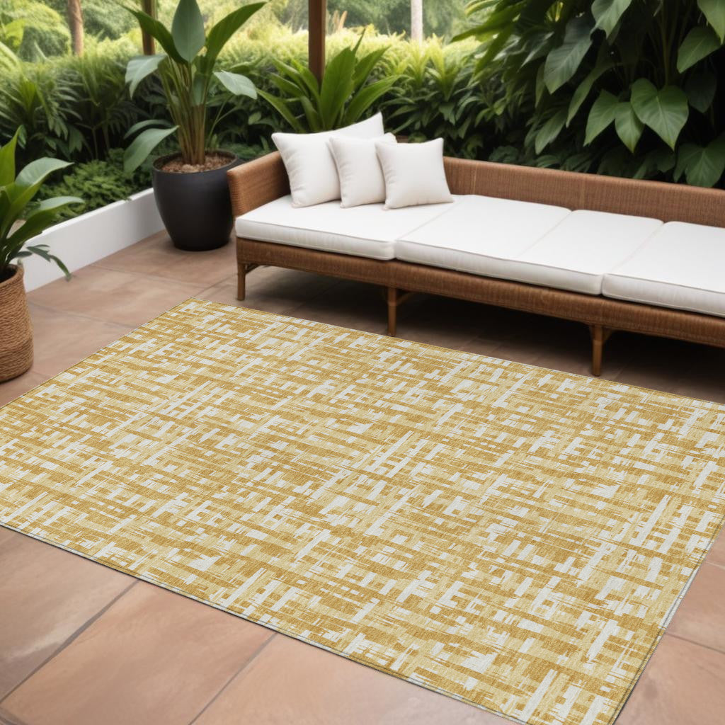 9 X 12 Gold Brown And Beige Abstract Washable Indoor Outdoor Area Rug