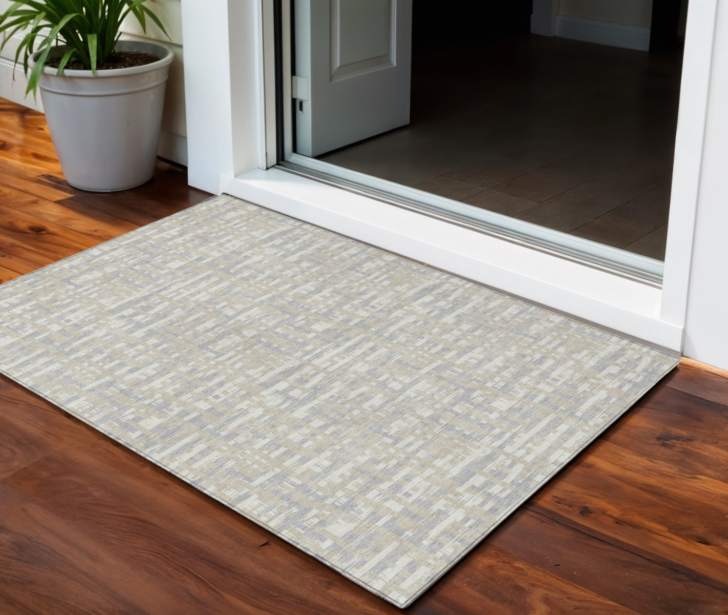 3 X 5 Beige And Gray Abstract Washable Indoor Outdoor Area Rug