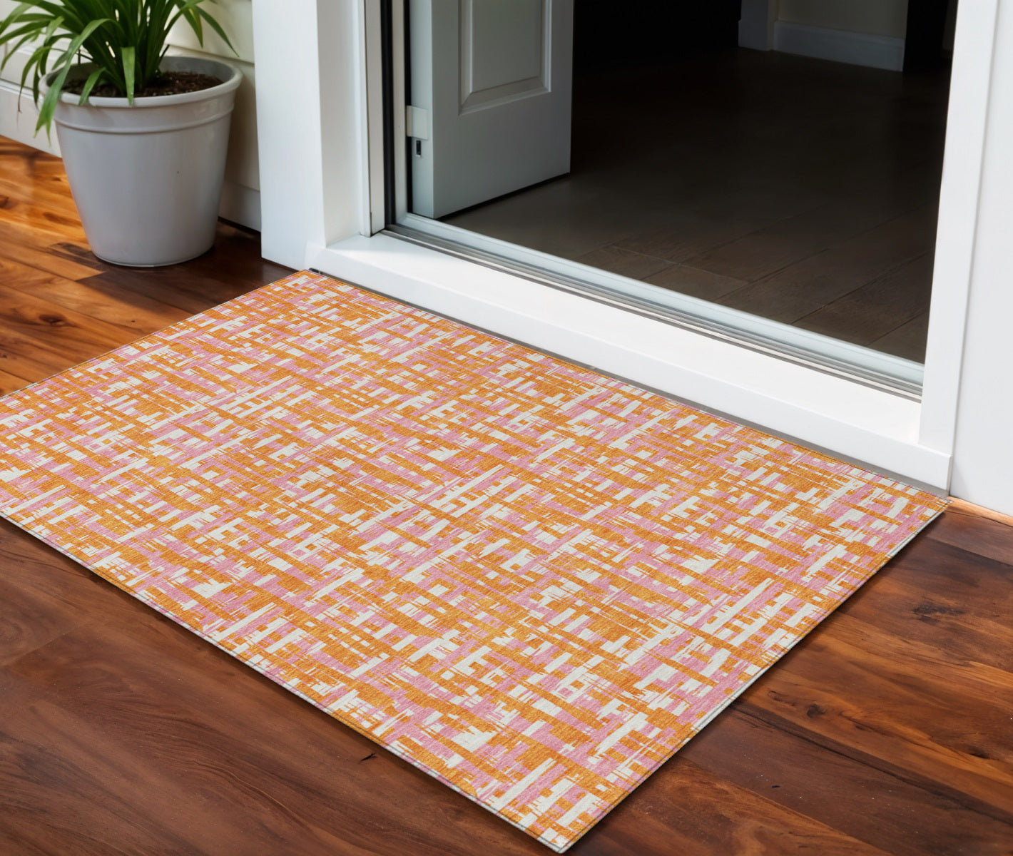 3 X 5 Orange Pink And Beige Abstract Washable Indoor Outdoor Area Rug
