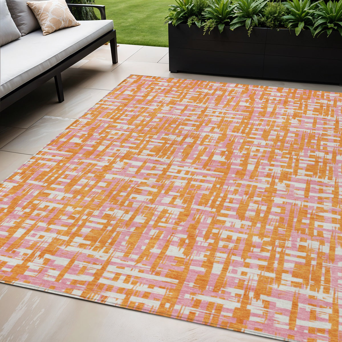 5 X 8 Orange Pink And Beige Abstract Washable Indoor Outdoor Area Rug