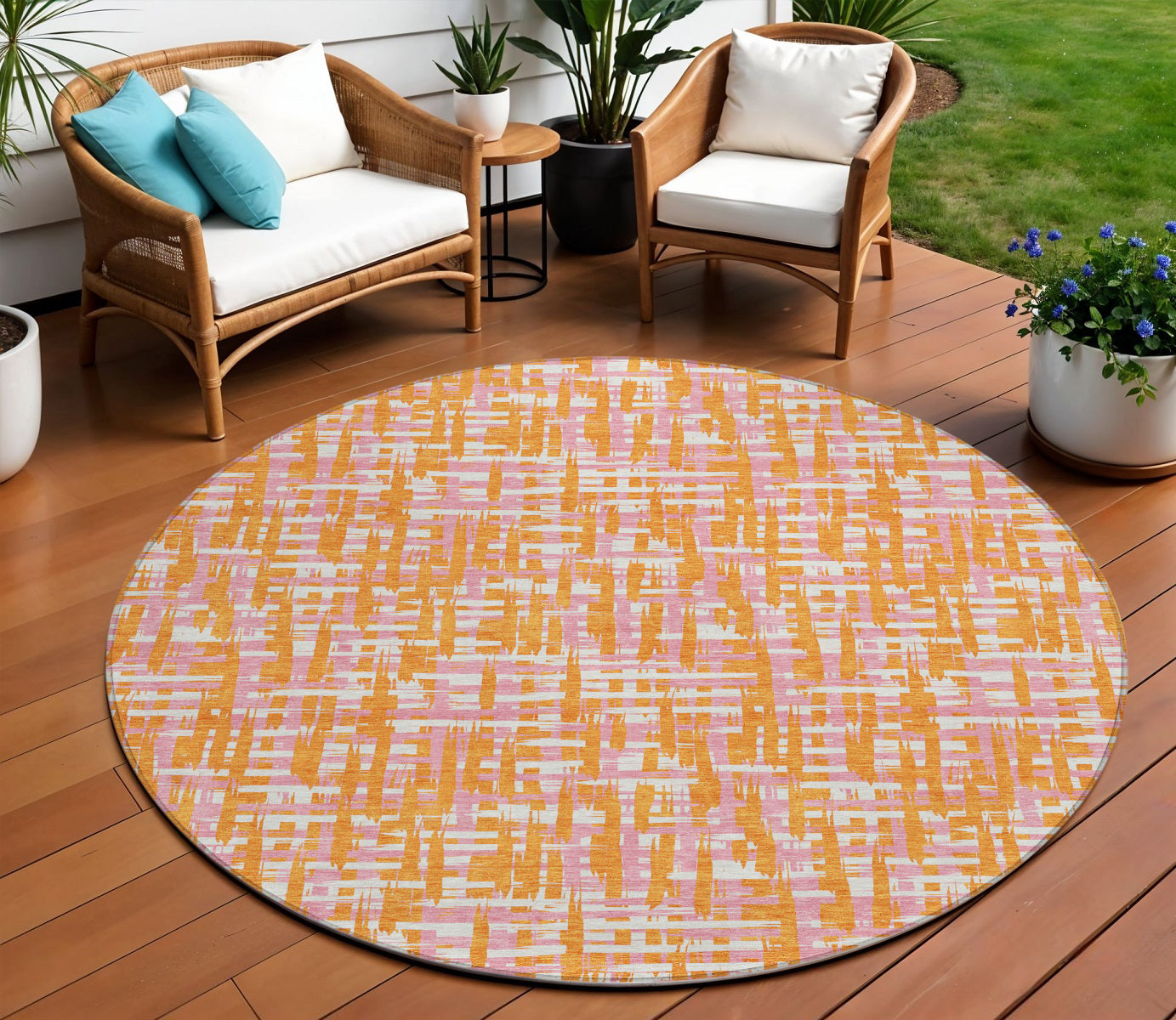 8 Orange Pink And Beige Round Abstract Washable Indoor Outdoor Area Rug