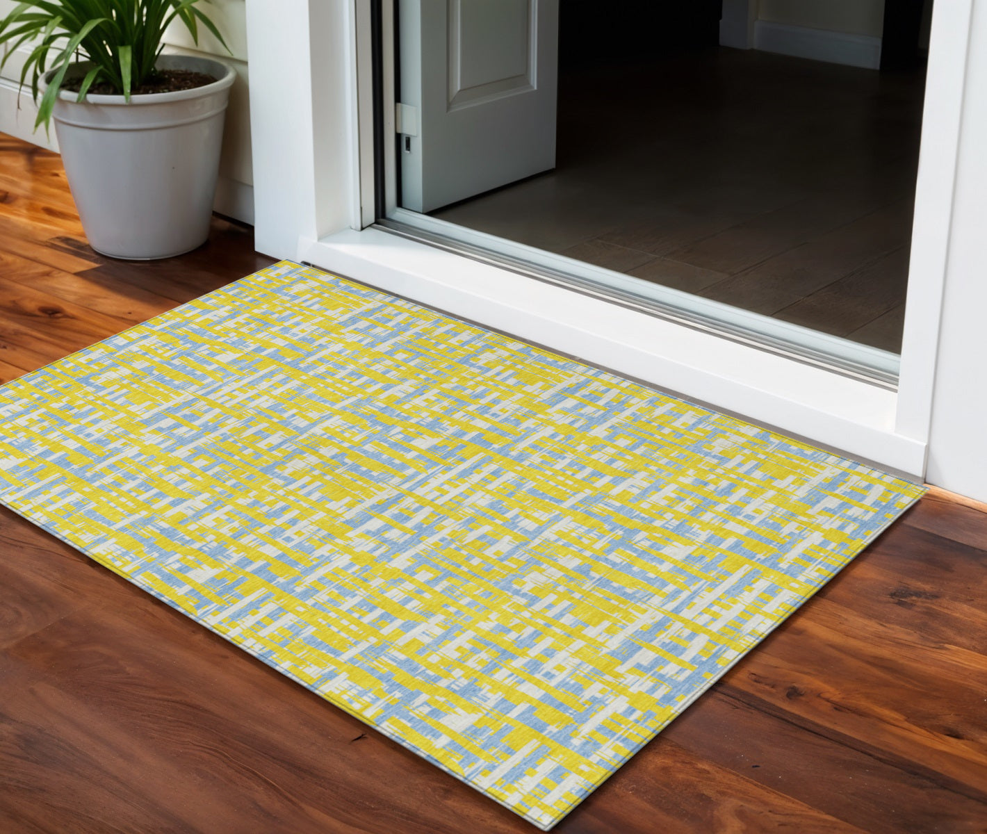 3 X 5 Yellow Denim Blue And Beige Abstract Washable Indoor Outdoor Area Rug