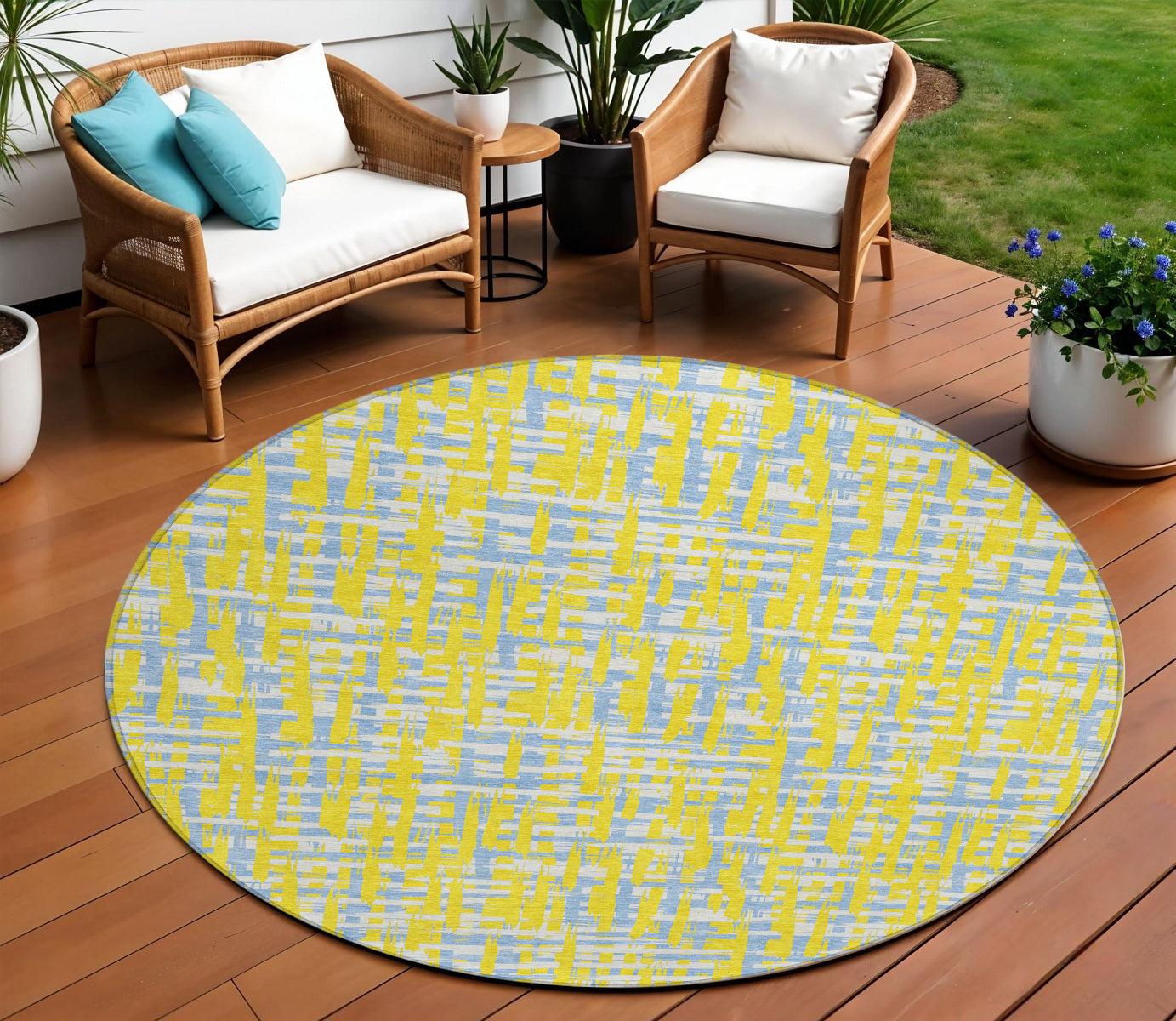 8 Yellow Denim Blue And Beige Round Abstract Washable Indoor Outdoor Area Rug