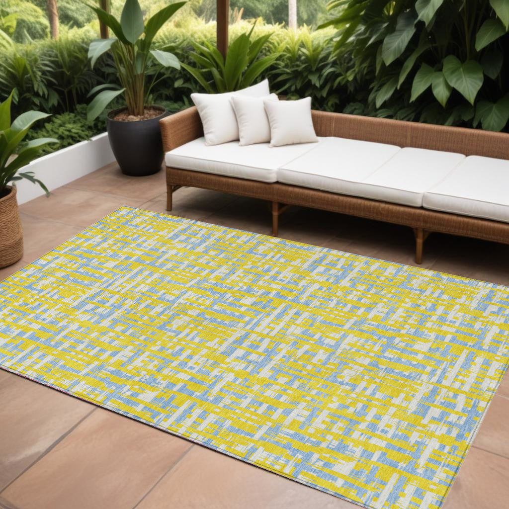 8 X 10 Yellow Denim Blue And Beige Abstract Washable Indoor Outdoor Area Rug