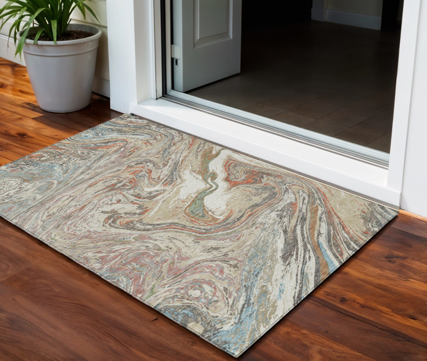 3 X 5 Beige Pink And Blue Abstract Washable Indoor Outdoor Area Rug