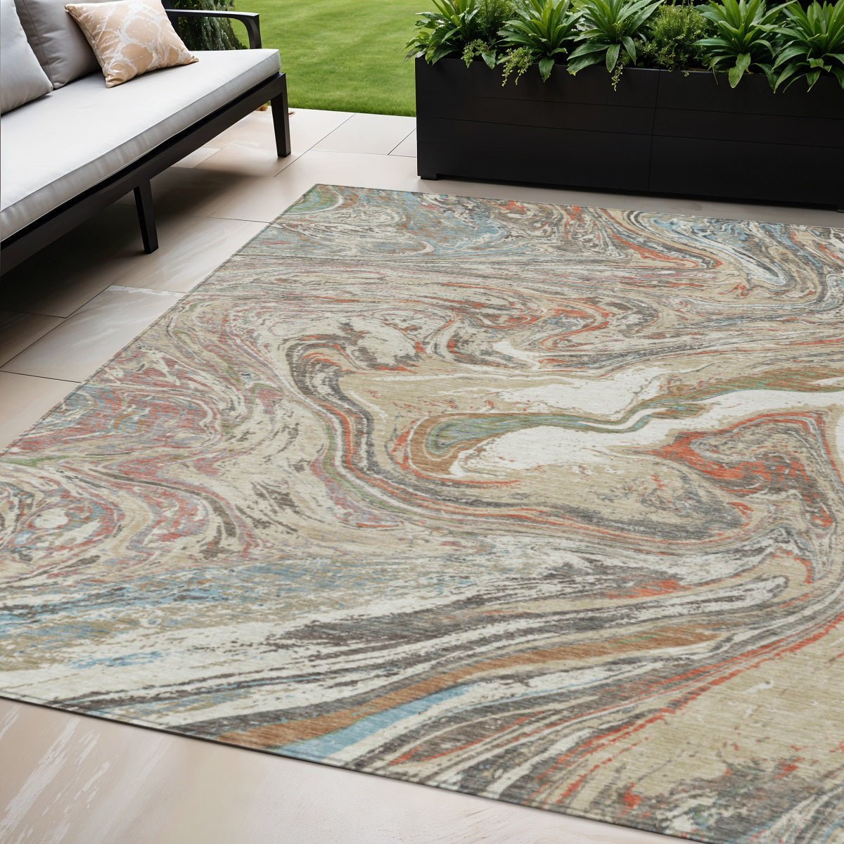 5 X 8 Beige Pink And Blue Abstract Washable Indoor Outdoor Area Rug
