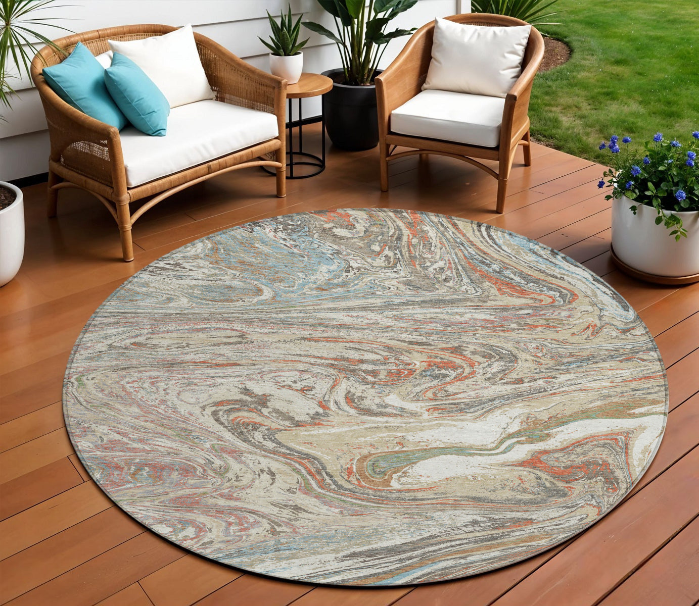8 Beige Pink And Blue Round Abstract Washable Indoor Outdoor Area Rug