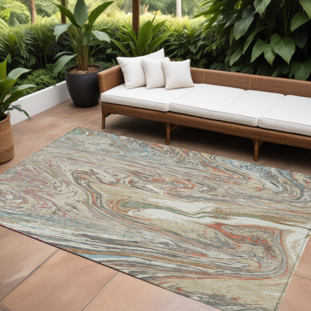 8 X 10 Beige Pink And Blue Abstract Washable Indoor Outdoor Area Rug