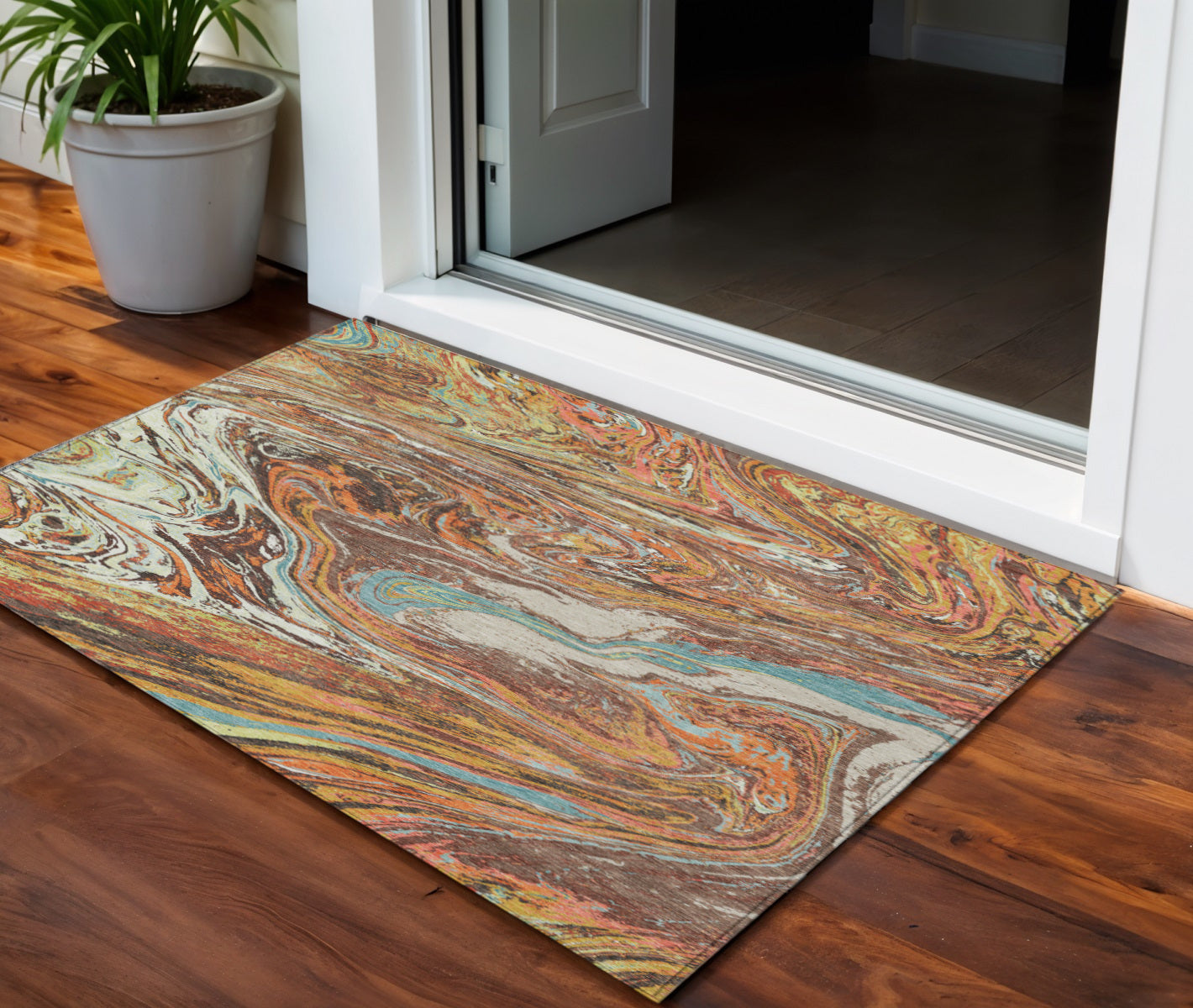 3 X 5 Khaki Brown And Blue Abstract Washable Indoor Outdoor Area Rug