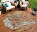 8 Khaki Brown And Blue Round Abstract Washable Indoor Outdoor Area Rug