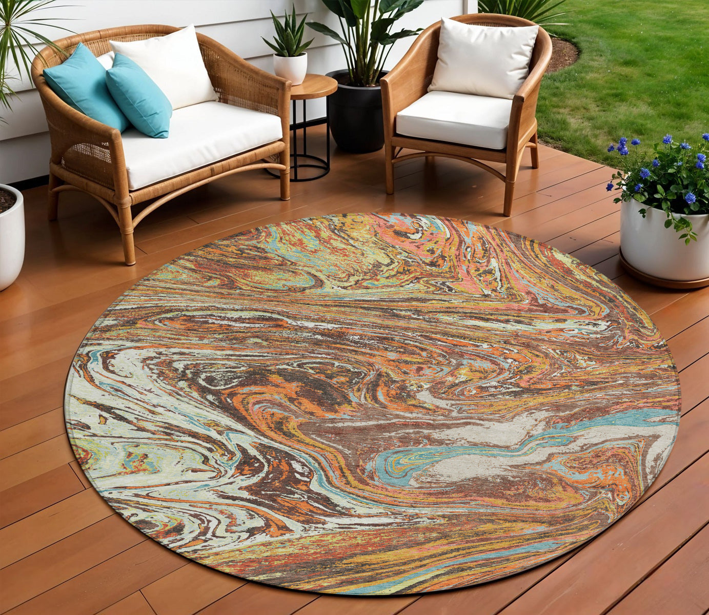 8 Khaki Brown And Blue Round Abstract Washable Indoor Outdoor Area Rug