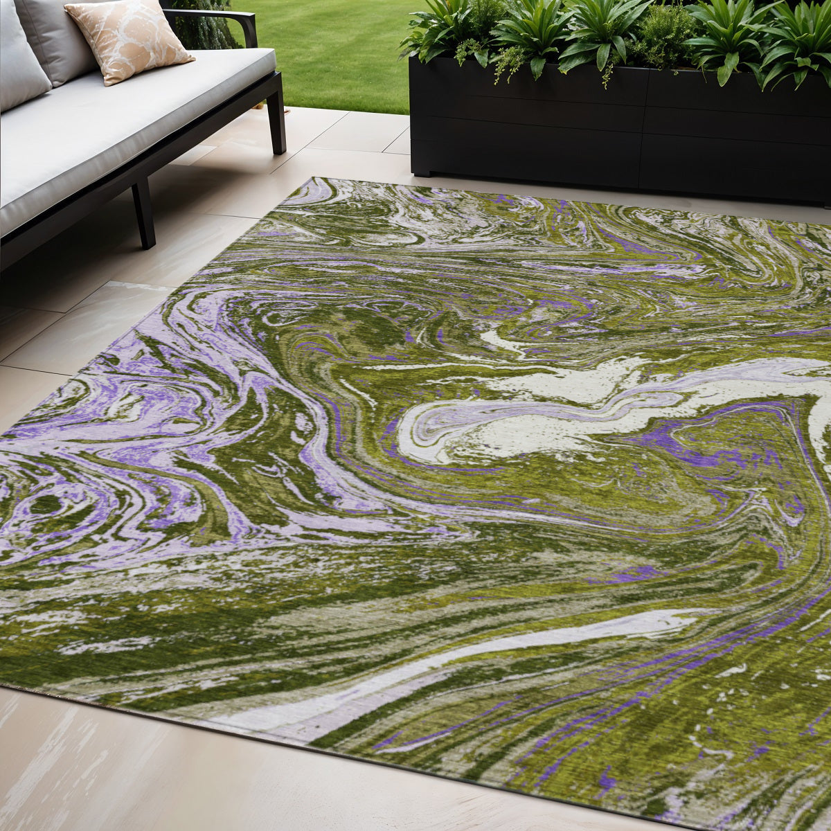 5 X 8 Olive Green Purple And Beige Abstract Washable Indoor Outdoor Area Rug