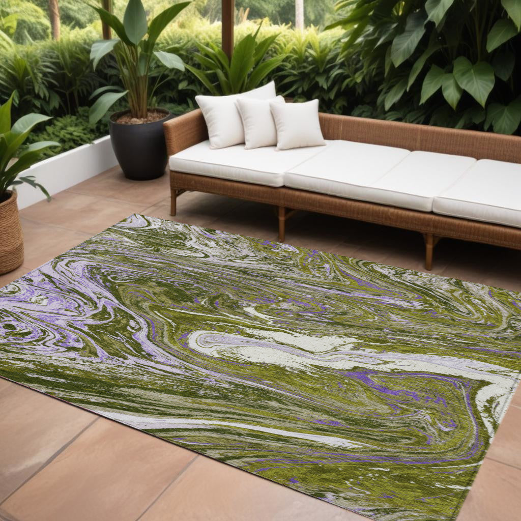 9 X 12 Olive Green Purple And Beige Abstract Washable Indoor Outdoor Area Rug