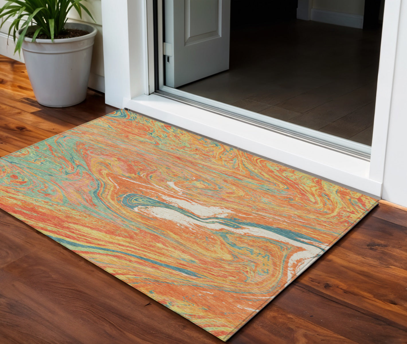3 X 5 Orange Green And Beige Abstract Washable Indoor Outdoor Area Rug