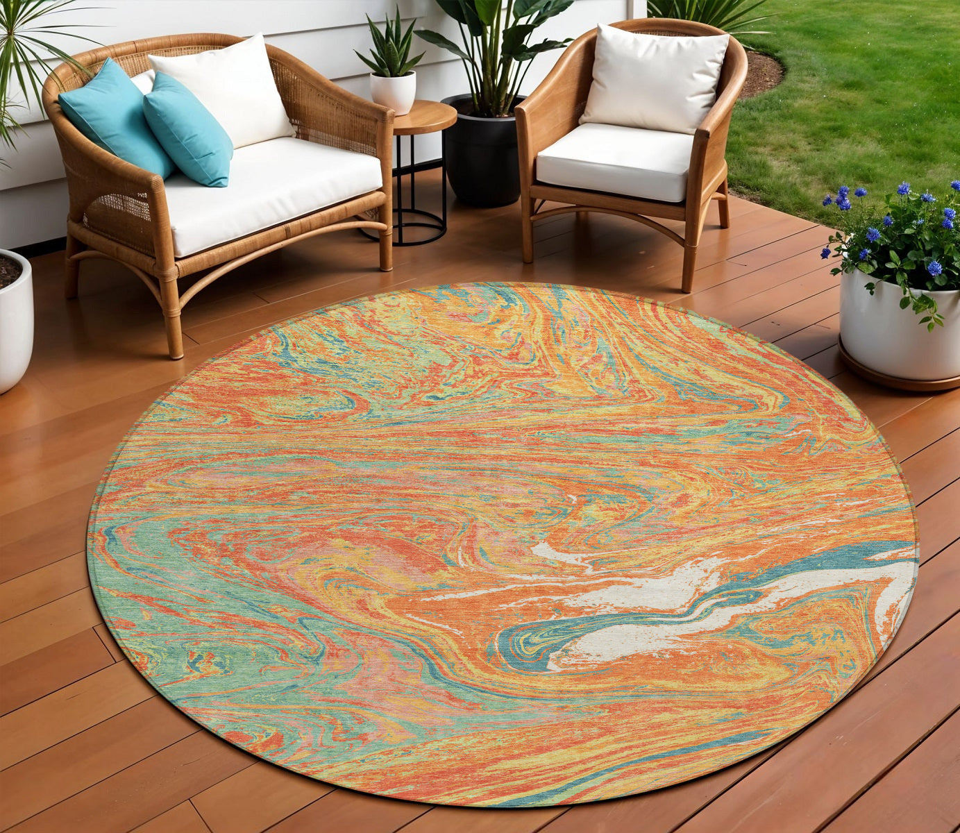 8 Orange Green And Beige Round Abstract Washable Indoor Outdoor Area Rug