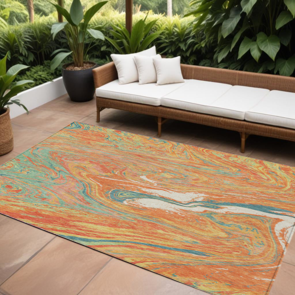 10 X 14 Orange Green And Beige Abstract Washable Indoor Outdoor Area Rug