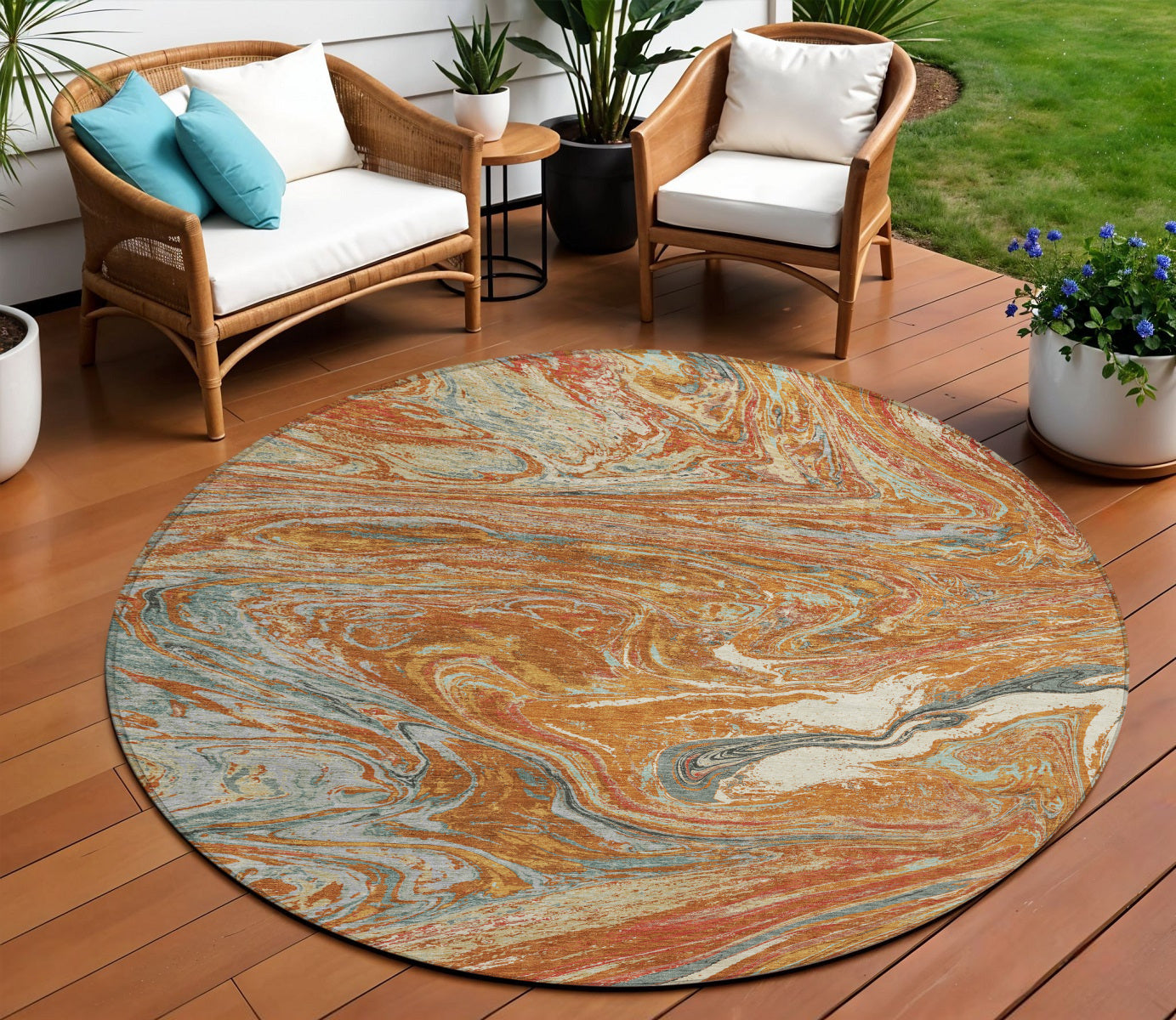 8 Brown Beige And Gray Round Abstract Washable Indoor Outdoor Area Rug