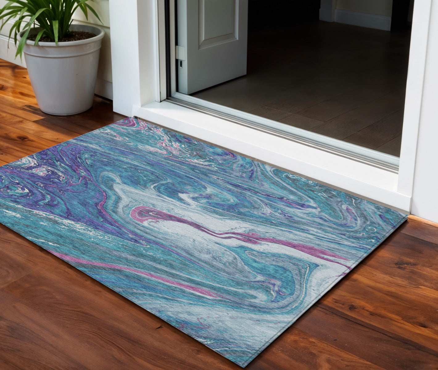 3 X 5 Teal Blue Purple And Pink Abstract Washable Indoor Outdoor Area Rug