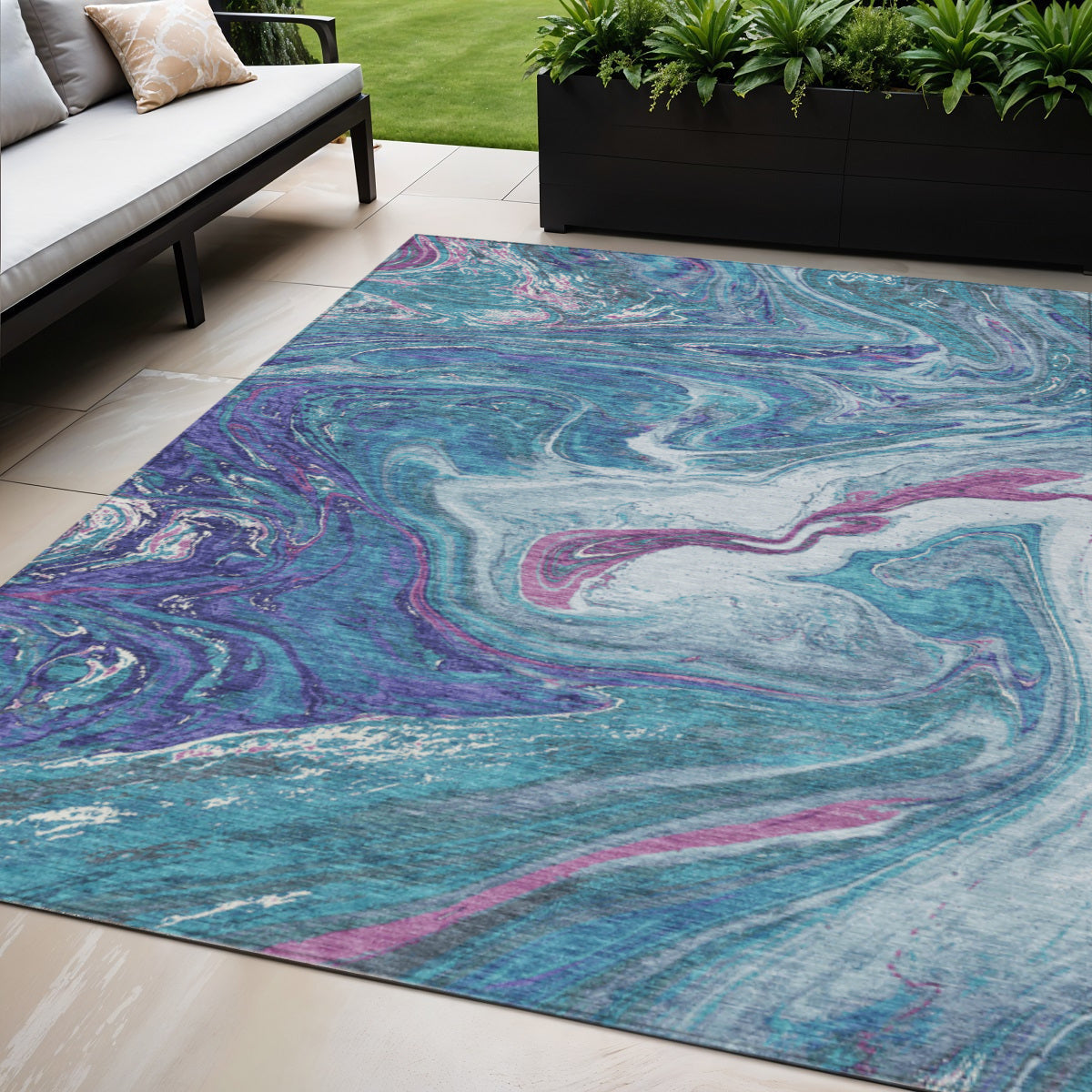 5 X 8 Teal Blue Purple And Pink Abstract Washable Indoor Outdoor Area Rug