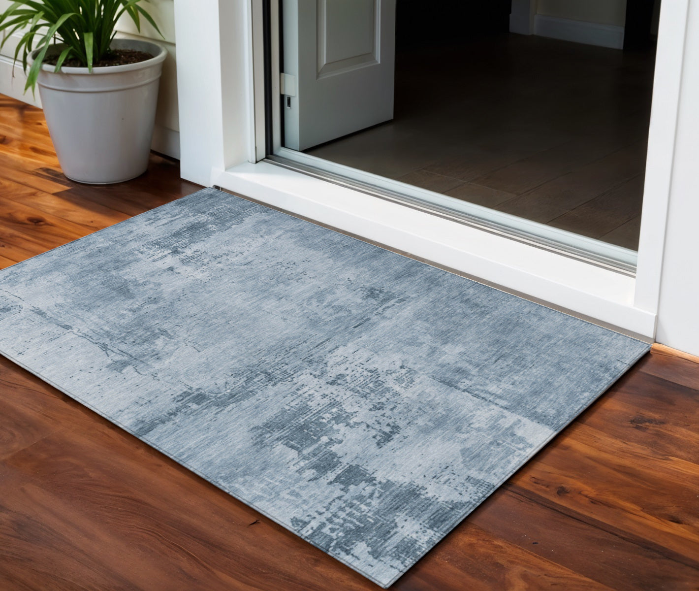 3 X 5 Denim Blue And Silver Abstract Washable Indoor Outdoor Area Rug